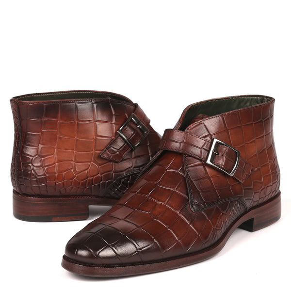 Single Monk Straps Croco Print Leather Ankle Boot