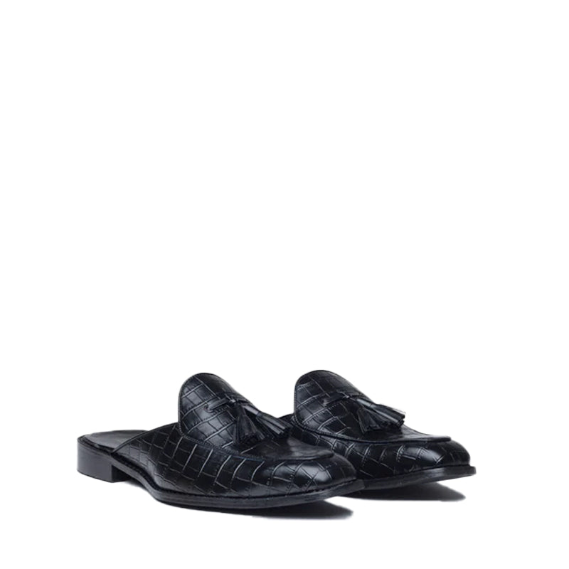 Croco Slip-On Leather Mule Black