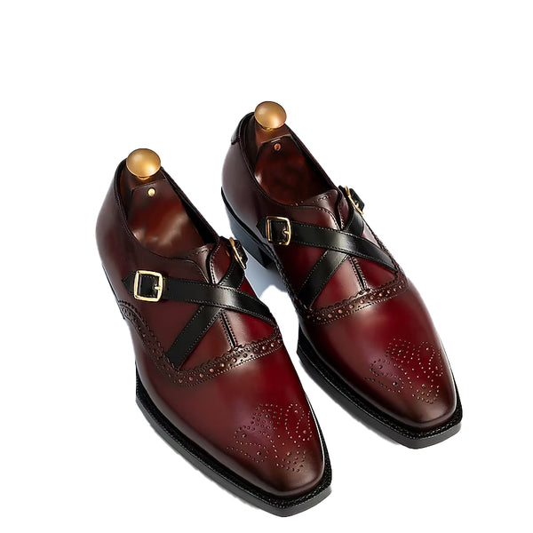 Luxury Design Pure Leather Single MonkStraps Shoe Burgundy