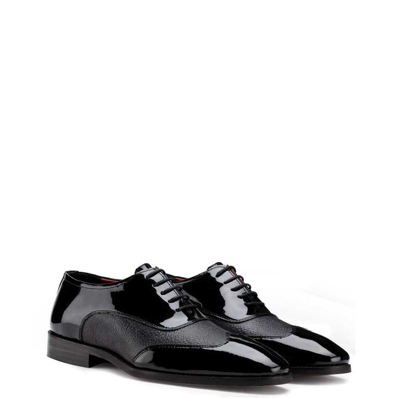 Dual Texture Patent Shiny Leather Oxford Black Shoe