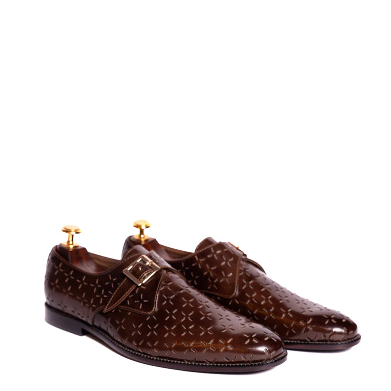 Luxury Design Shiny Leather Single Monk Strap Shoe Brown