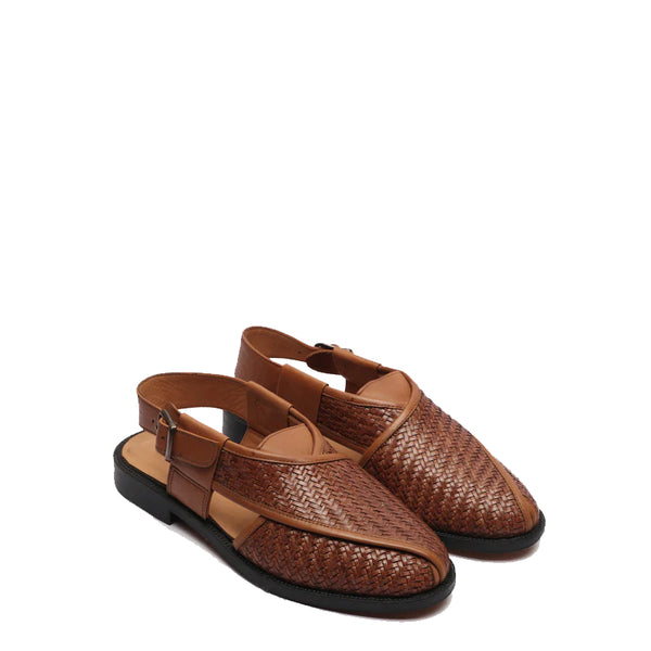 Woven Back Strap Leather Peshawari Tan Sandal - Tan