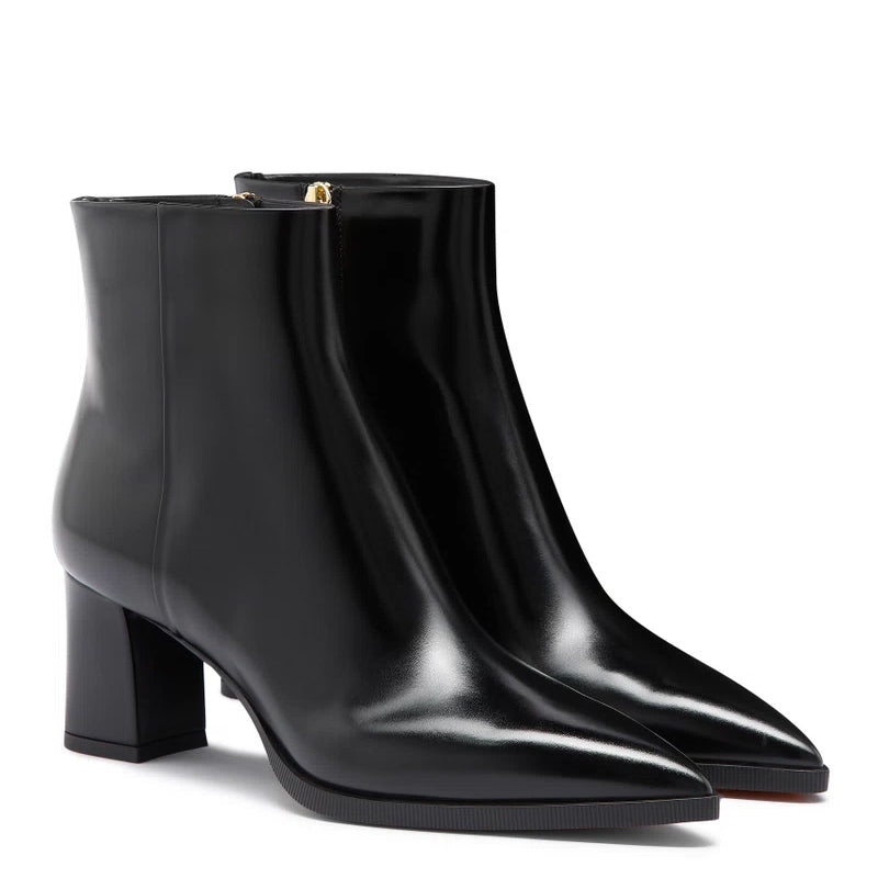 Polished Leather Mid-Heel Side-Zipper Black Boot