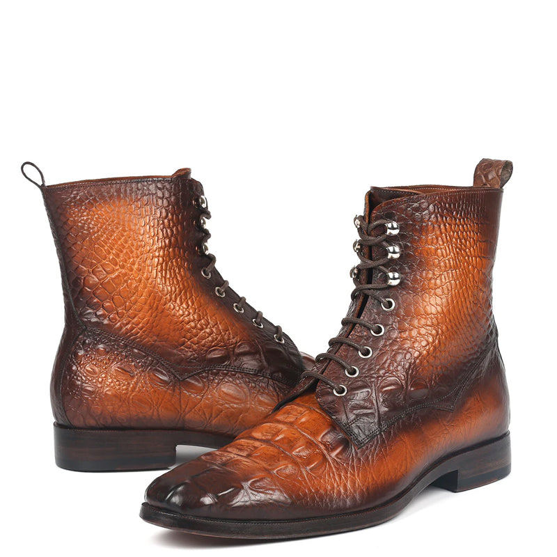 Croco Embossed Leather Lace Up Ankle Boots