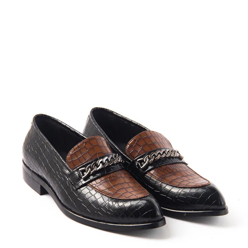 Classic Slip-On Croc Leather Loafers With Chain