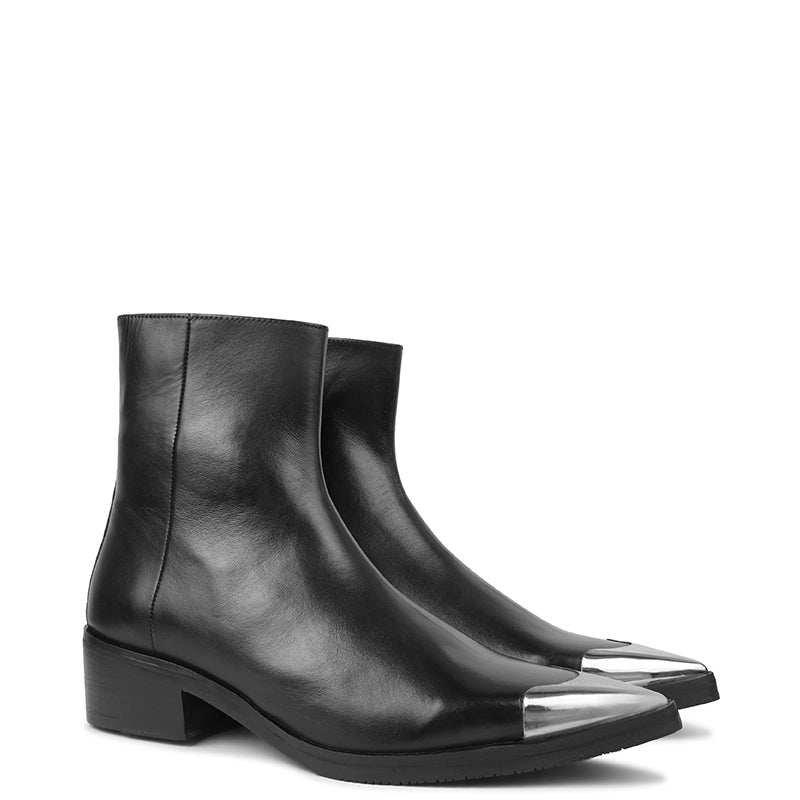 Metallic Toe Premium Leather Side-Zipper Black Boot