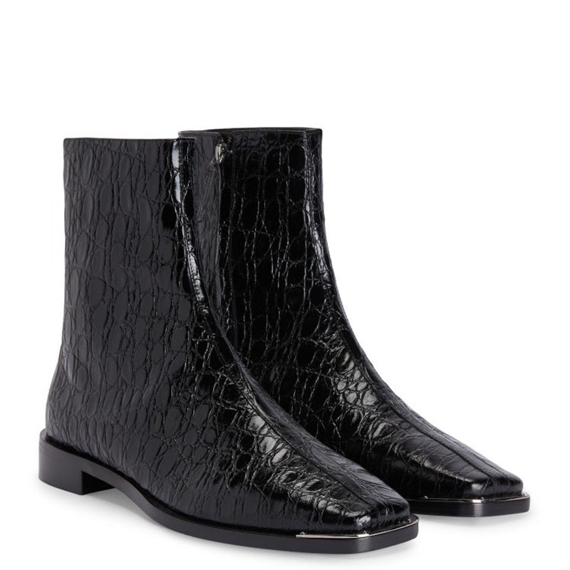 Croco Effect Mid-Top Leather Side Zipper Boot Black
