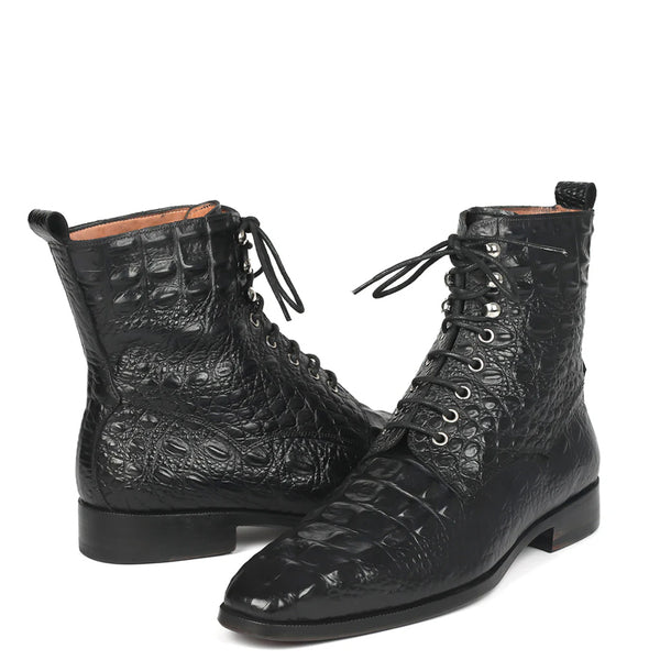 Men Croco Embossed Leather Lace Up Ankle Boots
