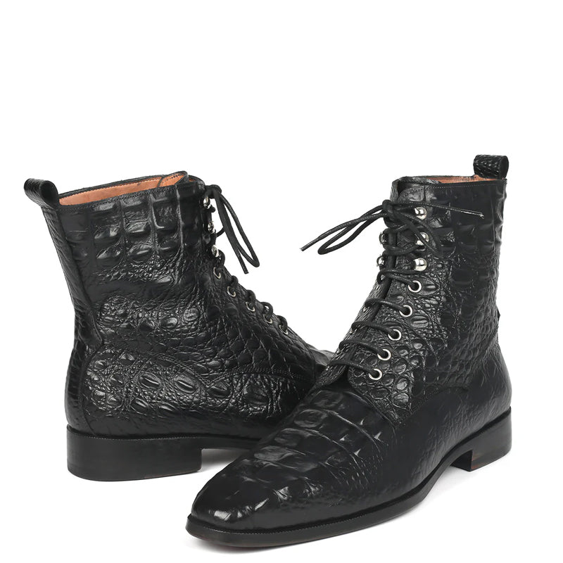Men Croco Embossed Leather Lace Up Ankle Boots