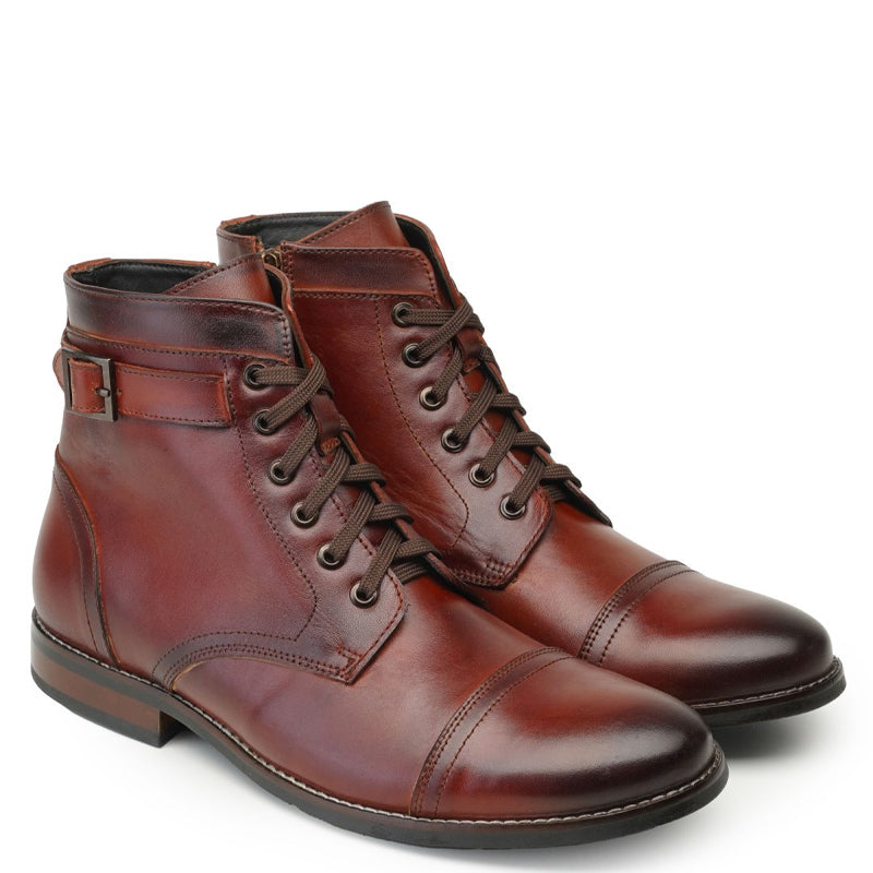 Men Solid High Buckle Leather Ankle Burgundy Boot