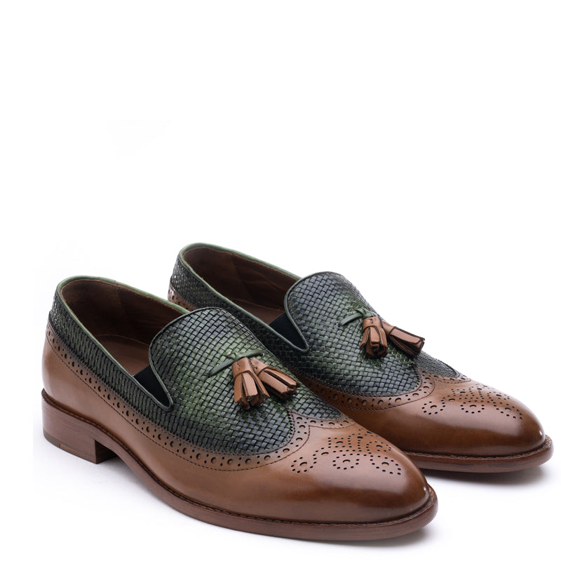 Tassels Hand Patina Wing Leather Loafer Brown/Tan
