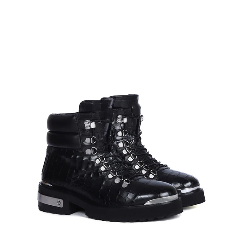Croco Deep Cut Leather Lace-UP Ankle Boot Black