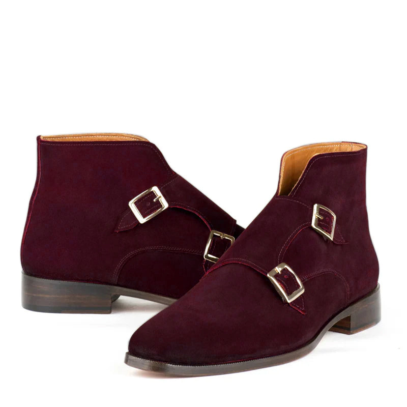 Luxury Suede Leather Double Buckle Ankle Boot Maroon