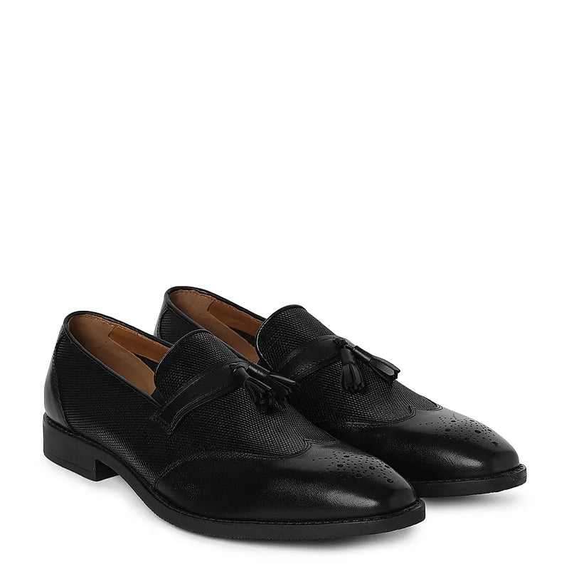 Men Wingtip Solid Leather Tassel Black Loafer