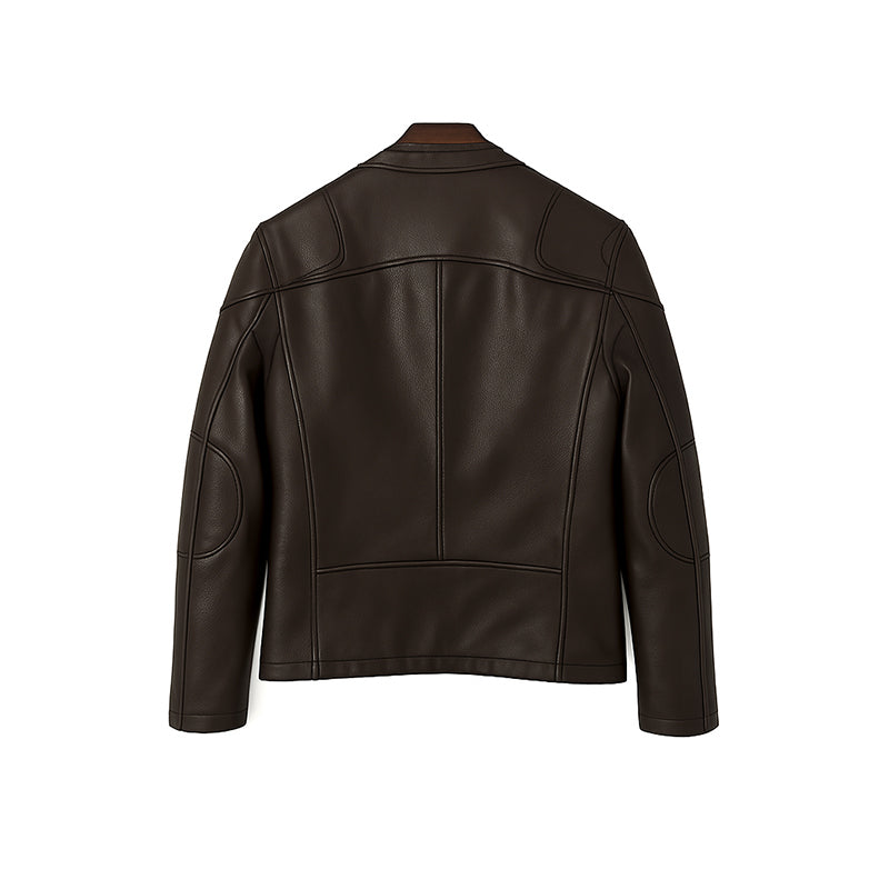 Men s Zip Up Vintage Burgundy Biker Jacket with Stand Collar and Pockets