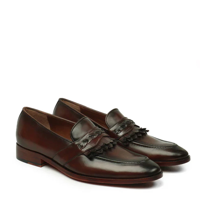 Patent Leather Slip-On Dark Brown Loafer With Dual Fringes