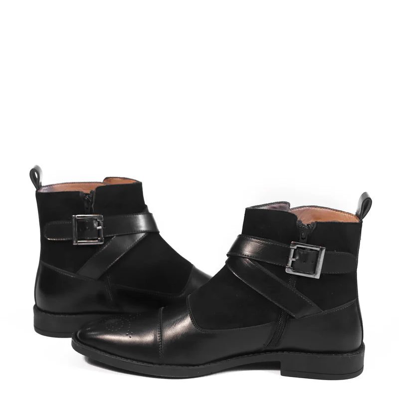 Leather Side Zip Up Buckled Ankle Black Boot