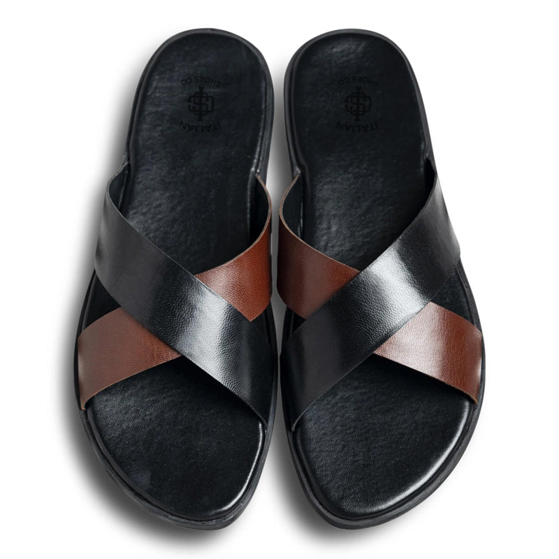 Cross Style Premium Solid Leather Black Brown Slipper