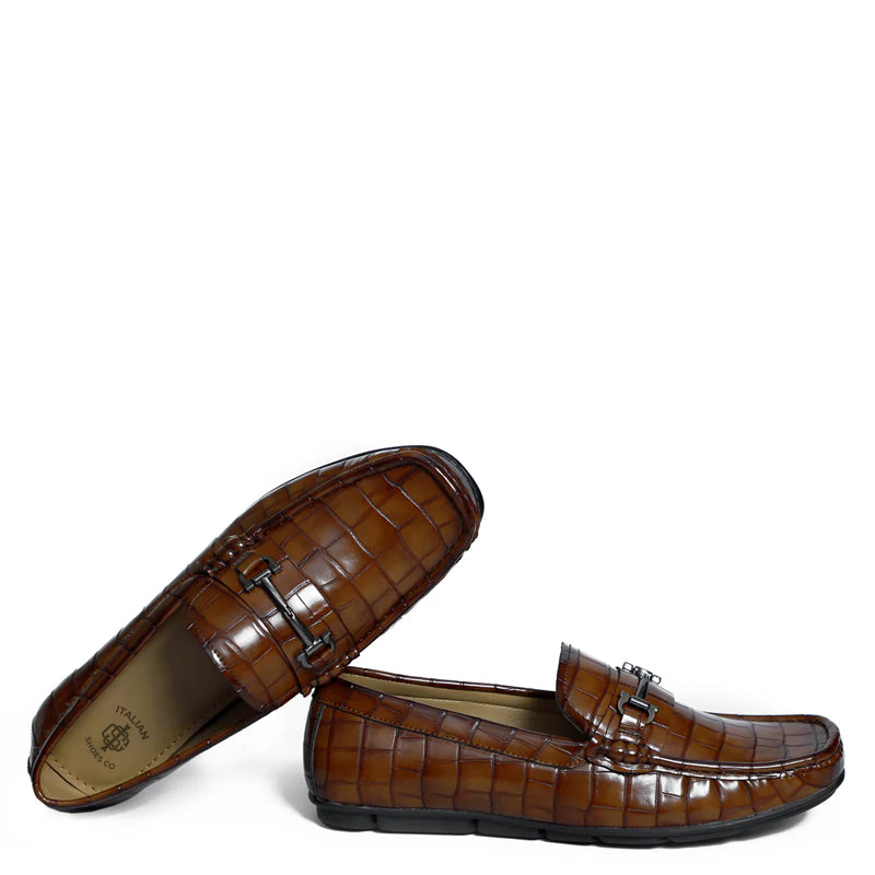 Croco Pattern Leather Horsebit Buckled Brown Loafer