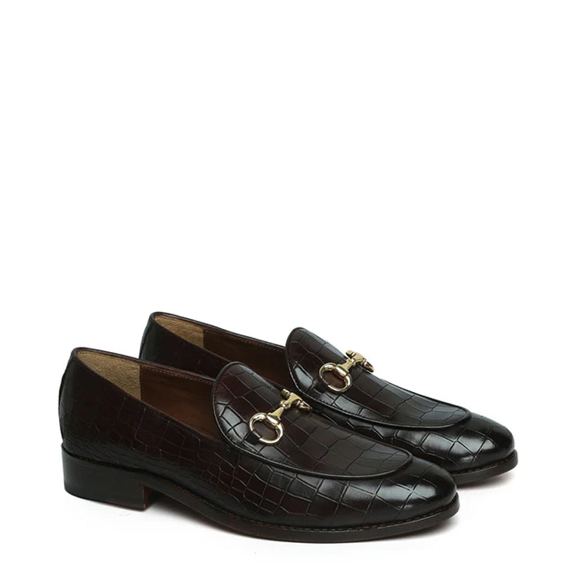 Croco Deep Cut Horse-bit Buckled Leather Dark Brown Loafer