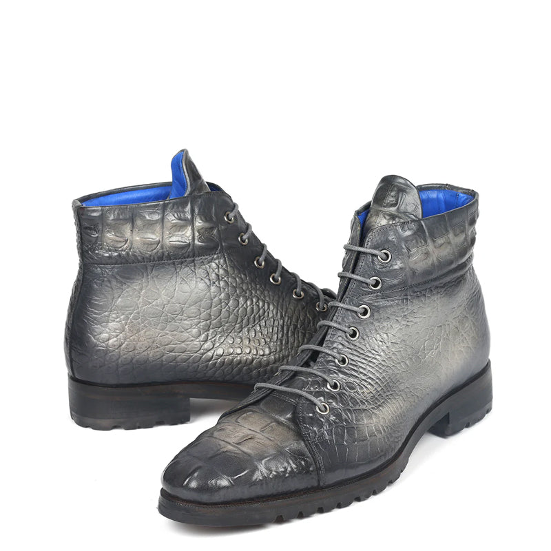 Hand-Painted Croco Print Leather Lace-Up Boot Burgundy