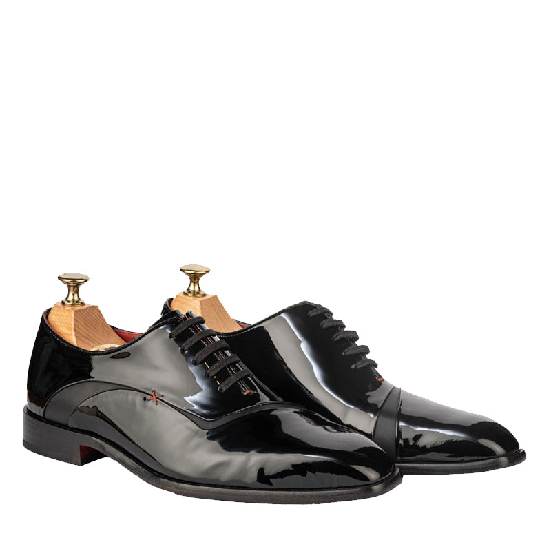 Meta Cut Shiny Leather Oxford Black Tan Shoe