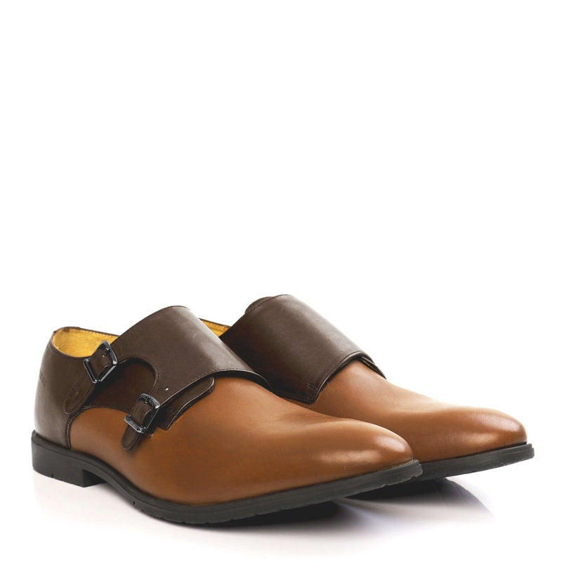 Leather Double Monk Strap Black and Burgundy Shoe For Men