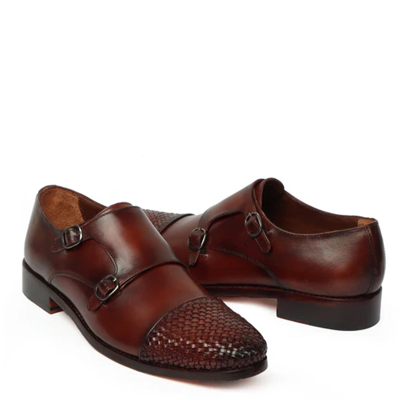 Double Monk Woven Leather Cap Toe Black Shoe