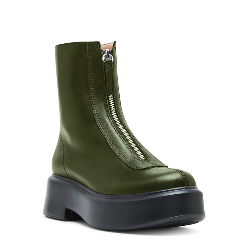 Premium Row Zipped-Front Leather Green Ankle Boot