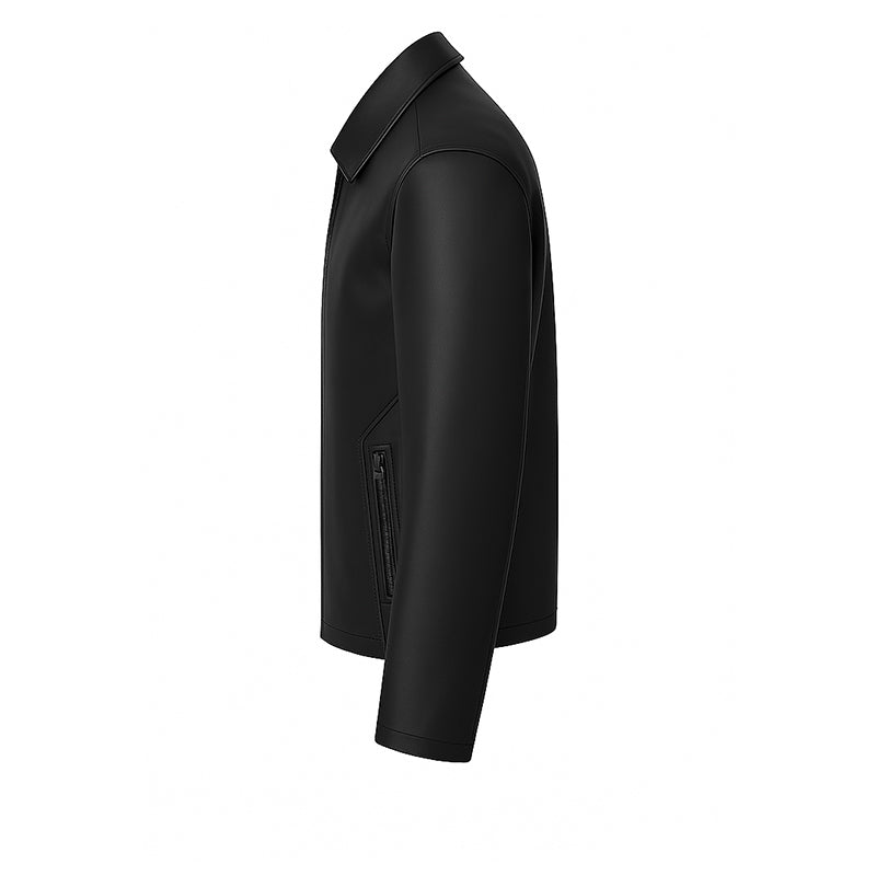 Men s Plain Casual Black Leather Jacket with Collar
