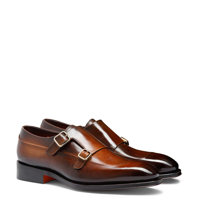 Men Cap Toe Double Strap Brown Monk Shoe