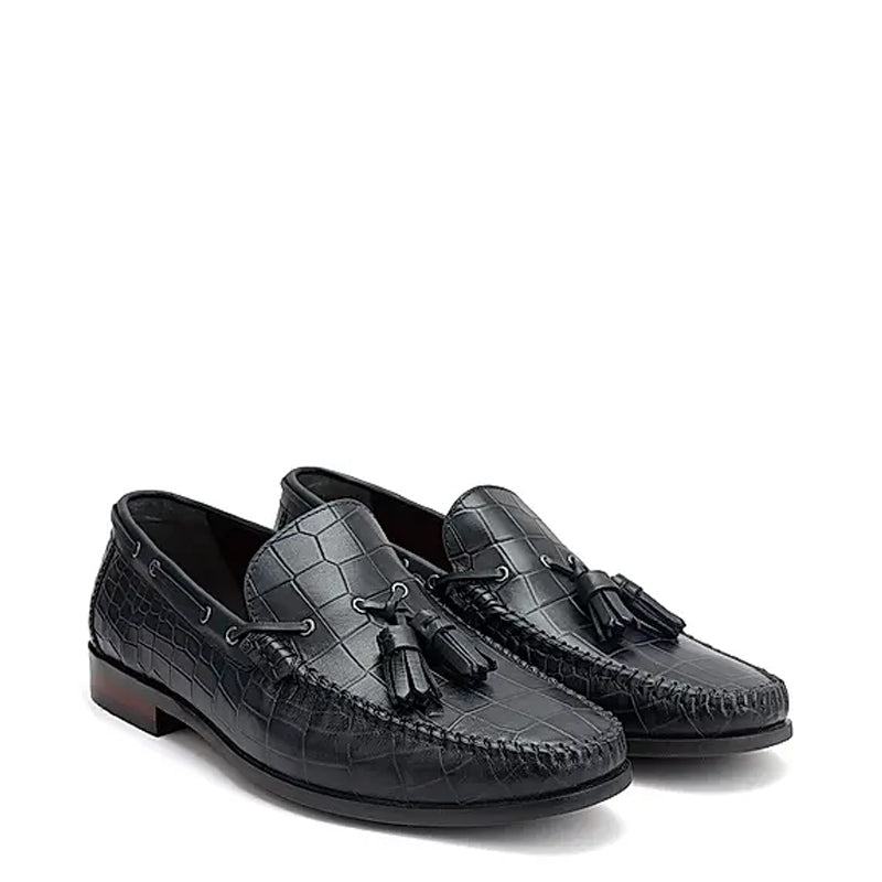 Crocodile Pattern Side Lacing Leather Tassel Loafer Black