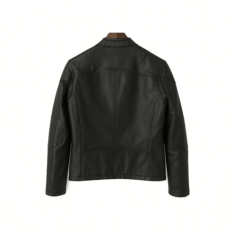 Men s Zip Up Vintage Burgundy Biker Jacket with Stand Collar and Pockets