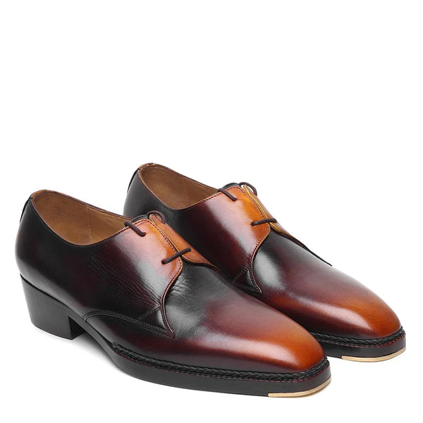 Pure Leather Cuban Heel Formal Derby Shoe Tan Burgundy