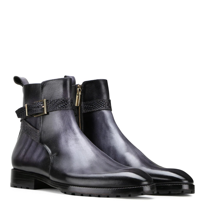Luxury Stylish Leather Side Zipper Black and Grey Boot With Buckle