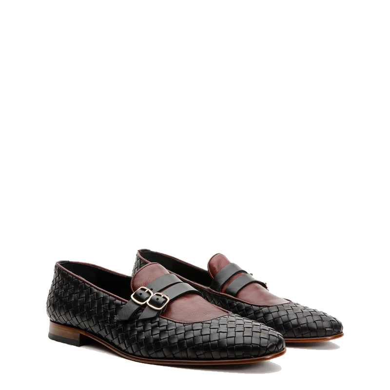Black Double Monk Strap Woven Men Shoe