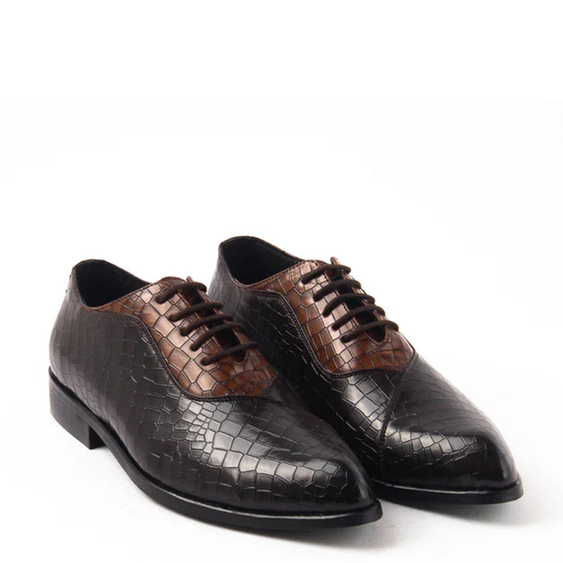 Classic Croco Pointed Toe Lace-Ups Oxford Shoe Tan and Brown