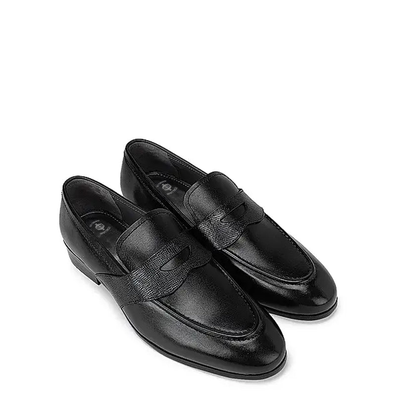 Textured Strap Leather Black Loafer Shoe