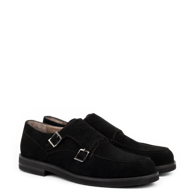 Men Suede Leather Double Monk Straps Black Shoe