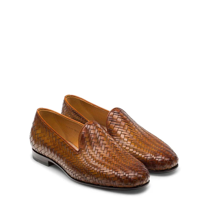 Men Woven Braided Solid Leather Loafers