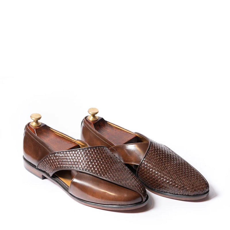 Woven Shiny Leather Breave Peshawari Brown Sandal