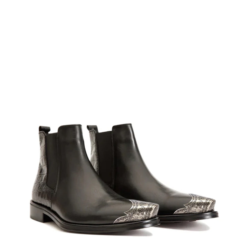 Croco Textured Leather Chelsea Boots with Silver Toe