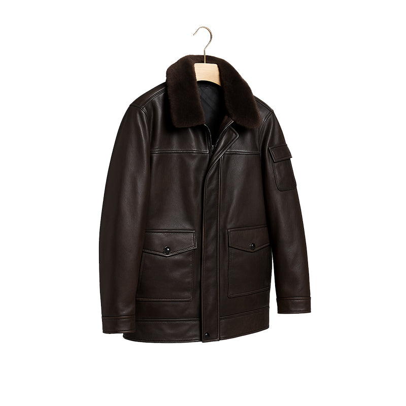 Men's Luxurious Brown Front Pocket Jacket with Fur Collar