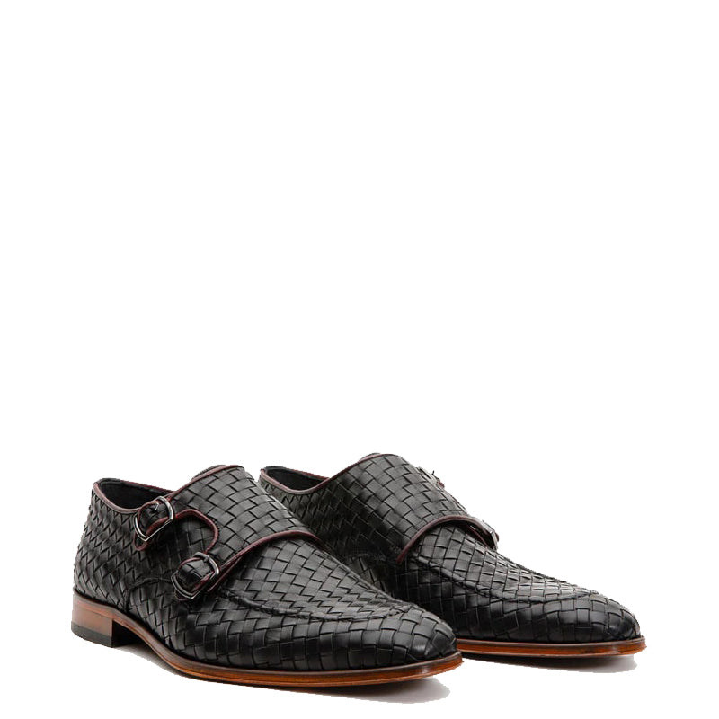 Black Woven Double Monk Strap Men's Shoes