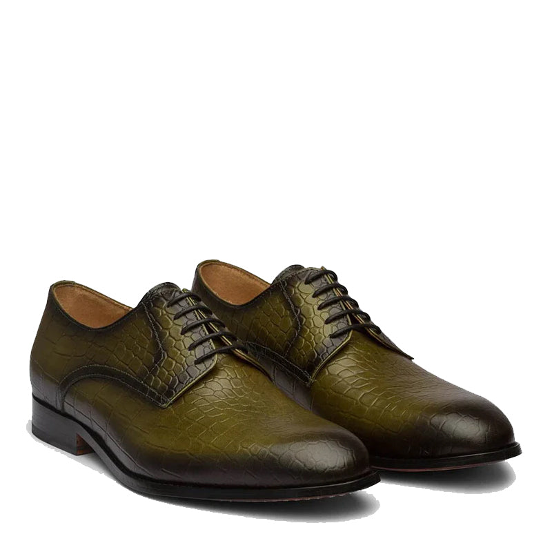 Patina Croco Print Solid Leather Derby Shoe Olive Green