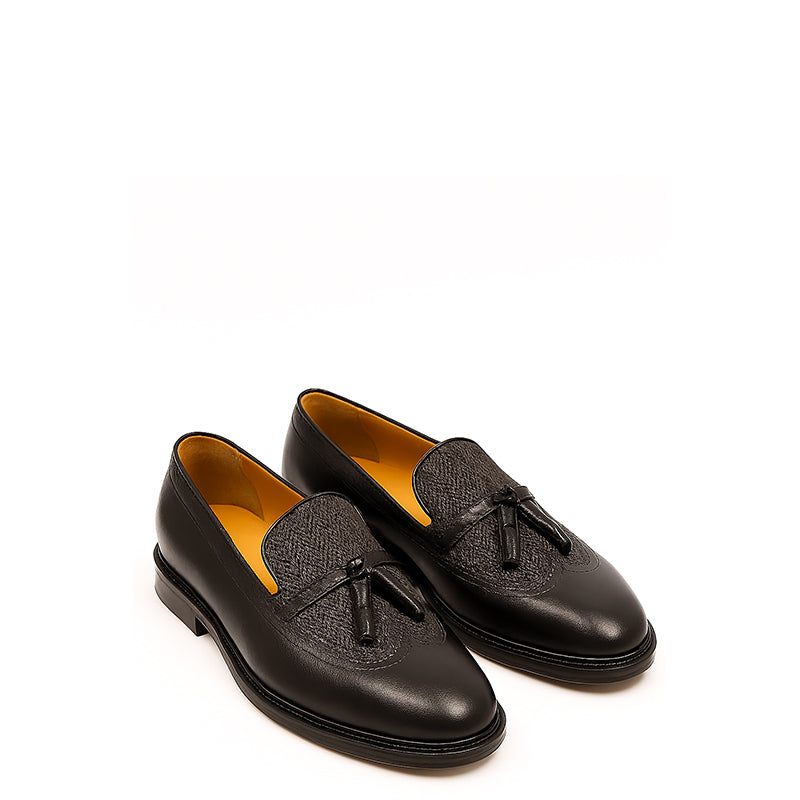 Men's Black Leather Tassel Loafer with Dual Textured Elegance
