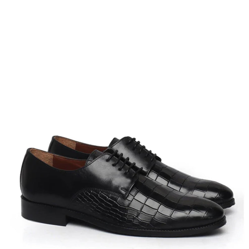 Croco Print Lace Up Leather Derby Shoe Black