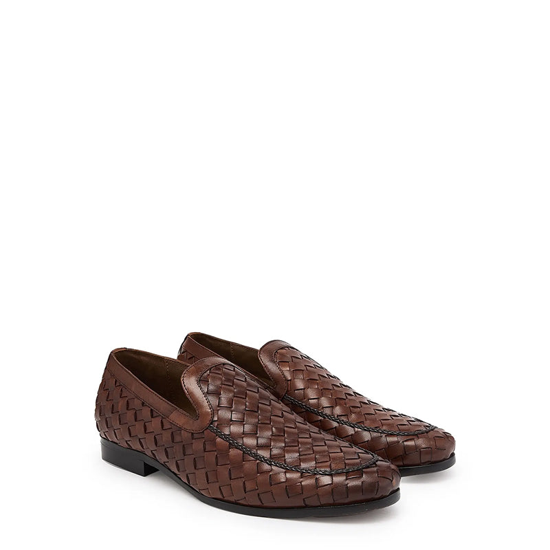 Men Woven Textured Handmade Pure Leather Brown Loafer