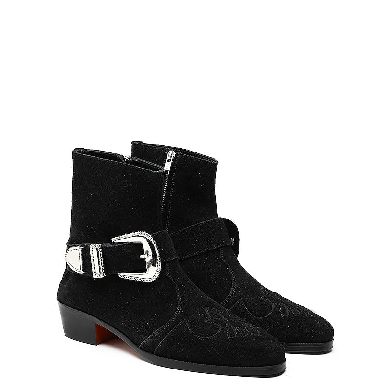 Luxury Suede Stylish Side-Zipper Black Boot With Silver Buckle