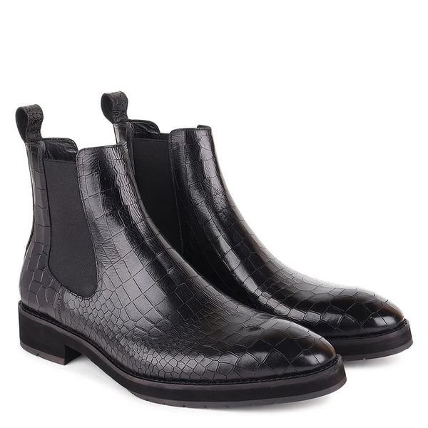 Men Solid Croco Print Leather Chelsea Boots